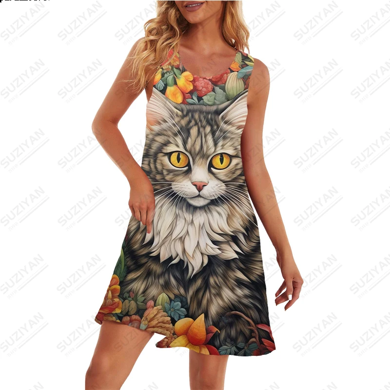 Women's Fashion Dress Personality Cat 3D Printed Pattern Dress Summer Retro Dress Loose Casual Dress Round Neck Sleeveless Dress