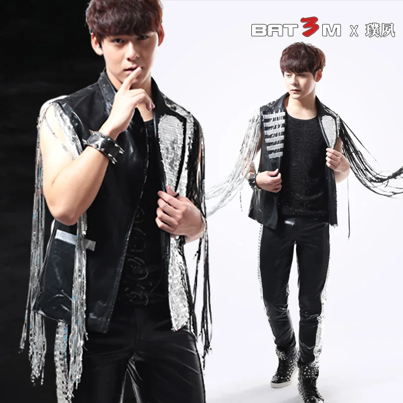 Men club dance costume black Shiny Sequins Jacket coat Baseball Suit Nightclub Tide Hip Hop Rock Performance 3pc dance wear