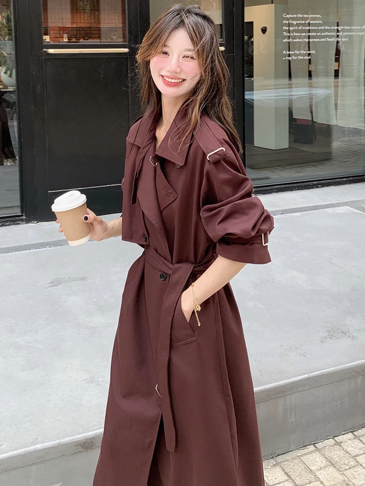 BZVW Wine Red French Style Trench Womne\'s 2024 Autumn New Lapel Solid Color Belt Gathered Waist Long Casual Coats 25A9268