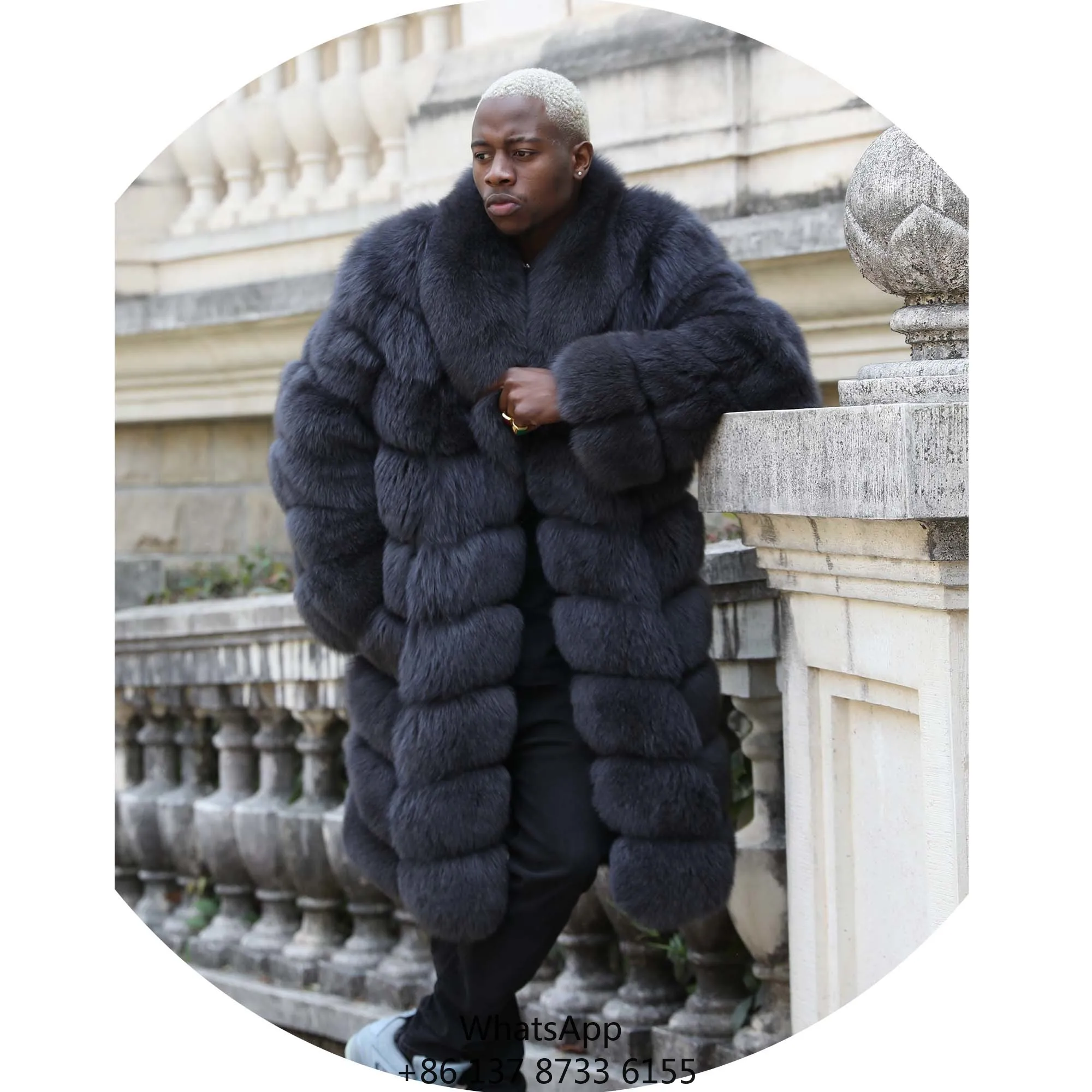 

Haute Design Winter Warm Men Thick Fox Fur Coat Big Collar Long Jacket