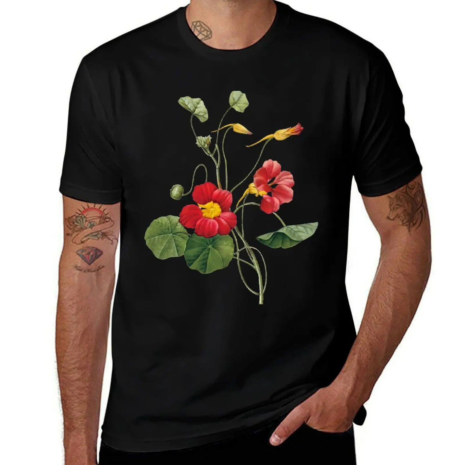 FF - Flor - Nasturtium - Pierre Joseph Celestin Redouté Camiseta figuras de anime ropa estética ropa de calle camisetas altas para hombres