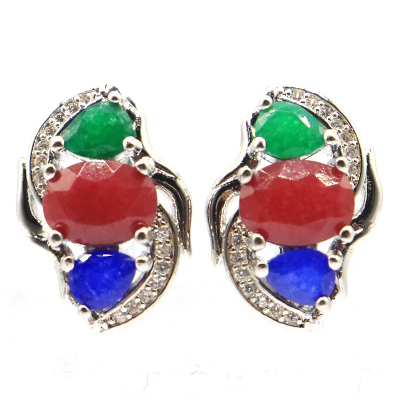 

Buy 3 Get 1 Free 18x13mm Multi Color Real Blue Sapphire Green Emerald Red Ruby White CZ Daily Wear Silver Earrings