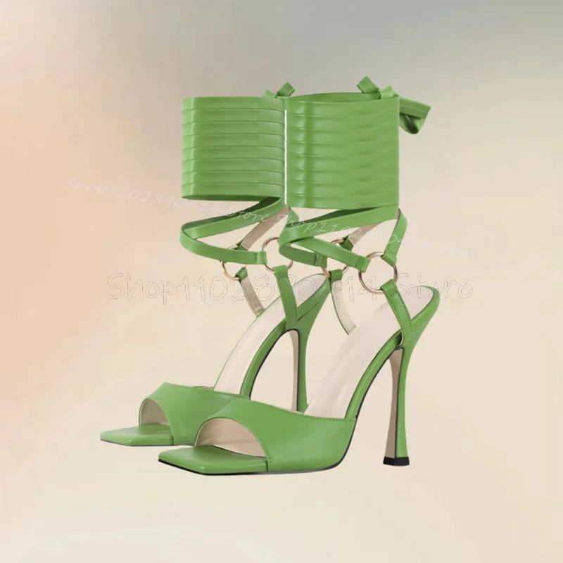 

Metal Circle Decor Green Open Toe Twine Sandals Lace Up Women Shoes Thin High Heels Fashion Party Feast 2024 Zapatos Para Mujere