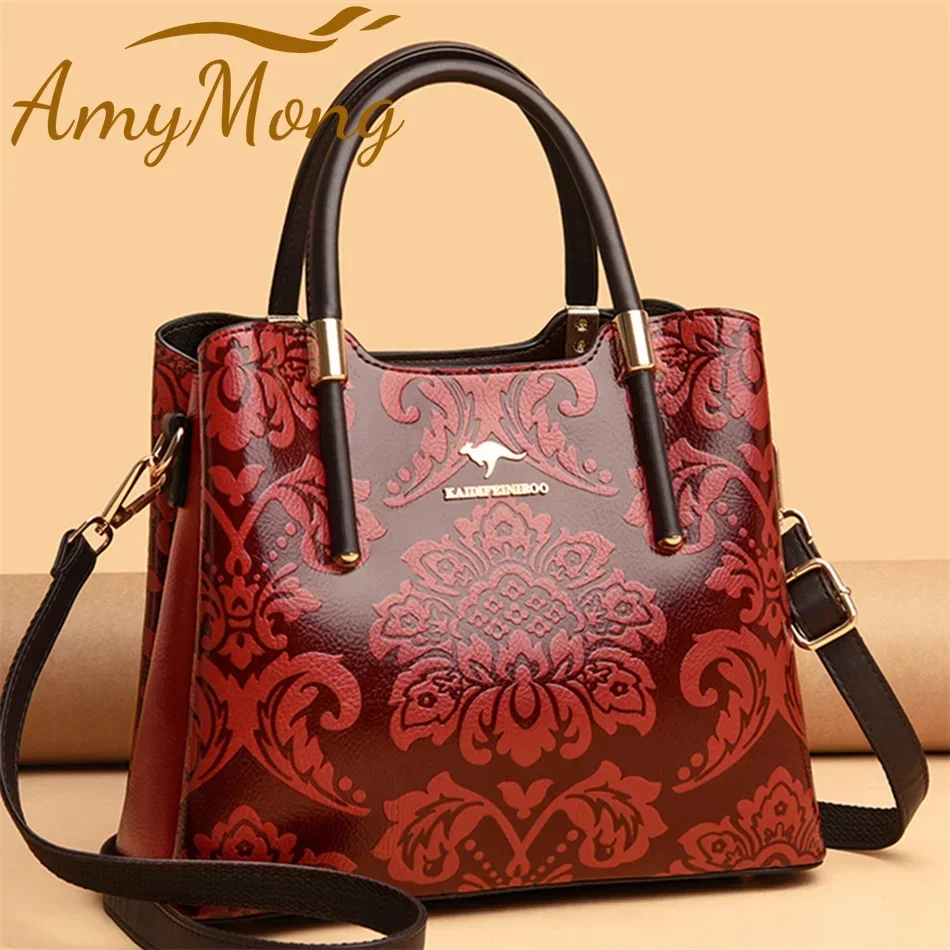 High Quality Leather 3 Layers Large Capacity Handbags Purses Fashion Floral Pattern Shoulder Bags for Women 2024 Crossbody Sac