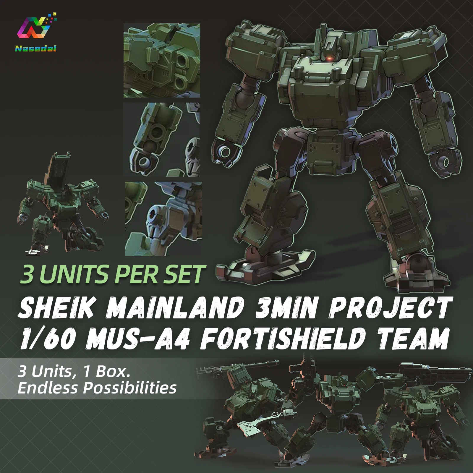 Sheik Mainland 3MIN MUS-A4 Fortishield Second Generation 1/60 Scale Versatile Land Warfare Model Kit (3pcs/box) Robot Figures