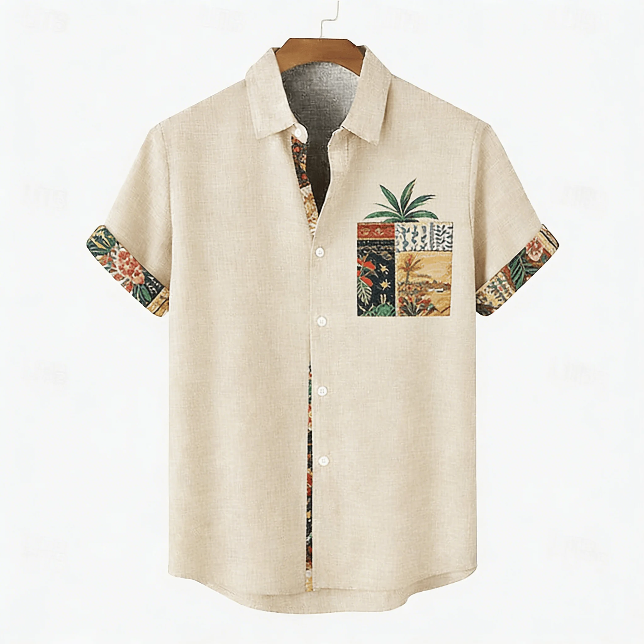 Bestselling Men's Summer Casual Shirt with Khaki Sole and Single Palm Tree Print Top, Suitable for Beach Vacations