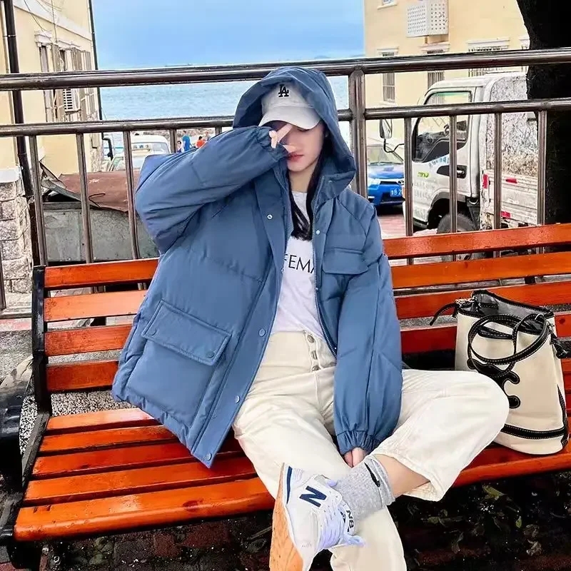 

Short Style Hooded Parkas Women Solid Zipper Pocket Baggy Aesthetic Oversized Winter Design New Warm Thicken Sporty Hipster Cozy