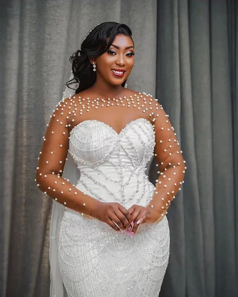 Роскошные свадебные платья русалки с жемчугом и съемным шлейфом, Vestidos, кружевные аппликации, свадебное платье с длинными рукавами, халат по индивидуальному заказу