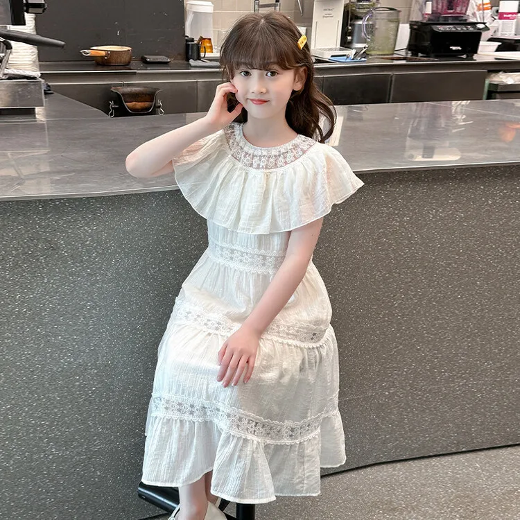 

teen girls white Summer Dress junior kid Flower lace patchwork cloak Princess Dresses Stylish Child Summer Seaside Beach clothes