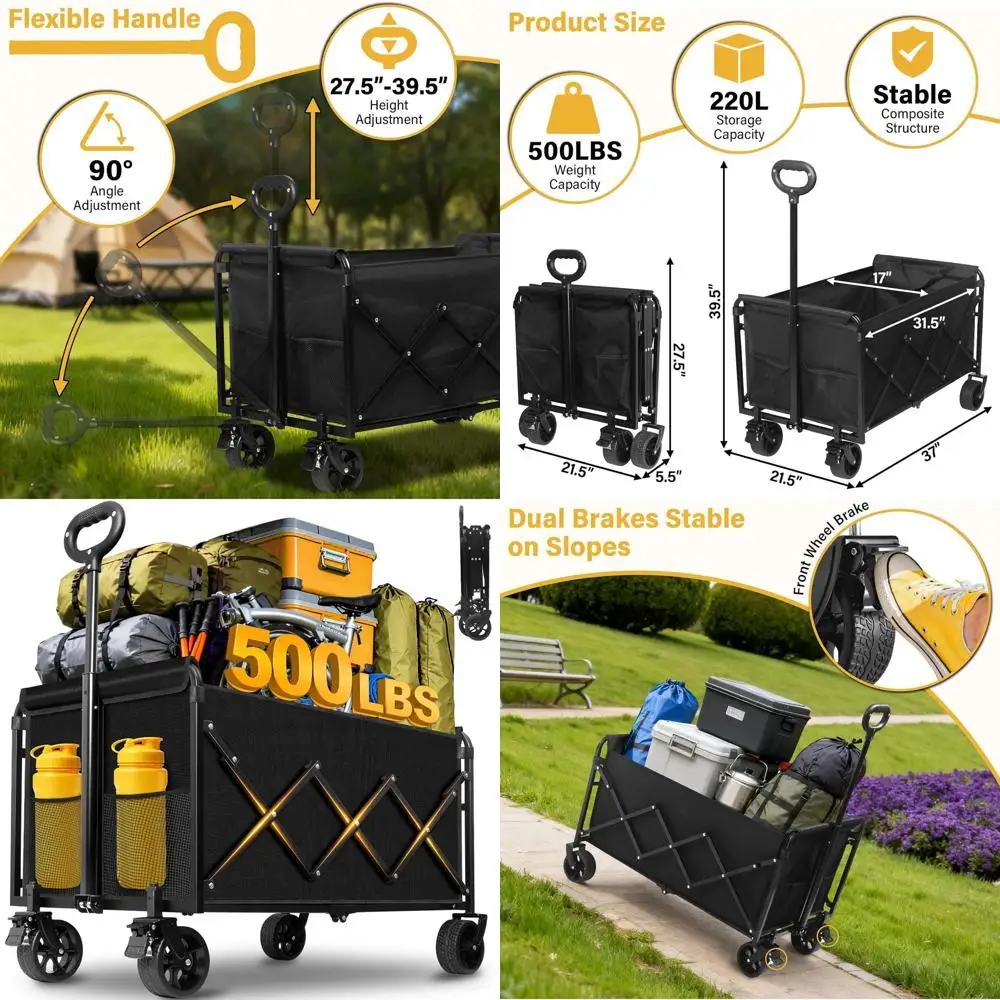 

Folding Utility Wagon with 500lbs Capacity, Ideal for Camping, Picnics, Beach, and More