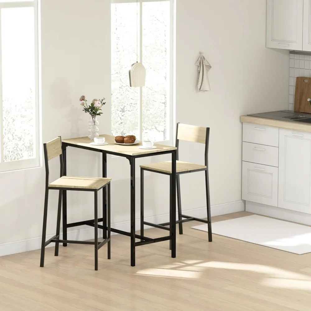 3-Piece Industrial Bar Table and Chairs Set: Counter-Height Kitchen Dining Table with Bar Stools – Ideal Breakfast Table for 2