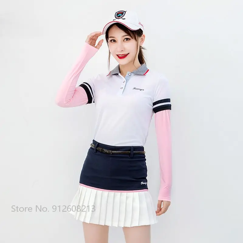 Ttygj Female Sunscreen Bottoming Golf Tops Ladies Quick-Dry Golf Shirts Women Long-Sleeved Cropped T Shirt Round Neck Slim Wears