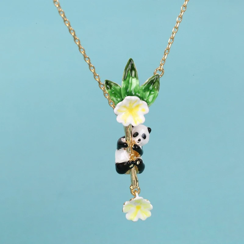 Fashion Handdraw Enamel Panda Climbming Bamboo Dangle Pendant, Coloured Glaze Yellow Flower Green Leaf Choker Necklace for Women