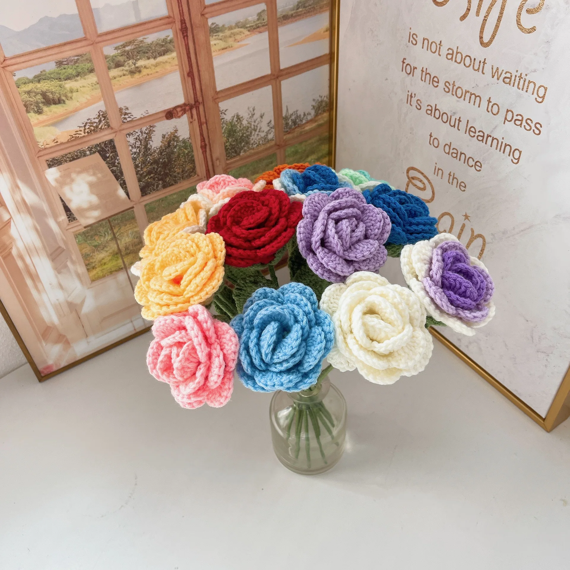 

5 Branches Mixed Roses Wedding Bouquet DIY Artificial Roses Flowers Party Romantic Gift Decoration Hotel Office Knitting Roses