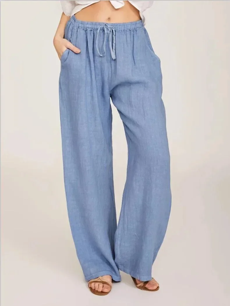 Women Cotton Linen Long Pants Casual Loose Solid Elastic Waist Pocket Straight Trousers Ladies Oversize Wide Leg Pant  Autumn