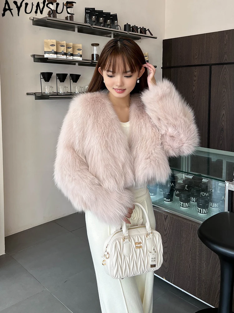 AYUNSUE 2025 Autunno Inverno Giacca di Pelliccia di Volpe Donna Moda Versatile Pelliccia di Volpe Naturale Giubbotti per Le Donne Vestiti Con Scollo A V Abrigo Mujer