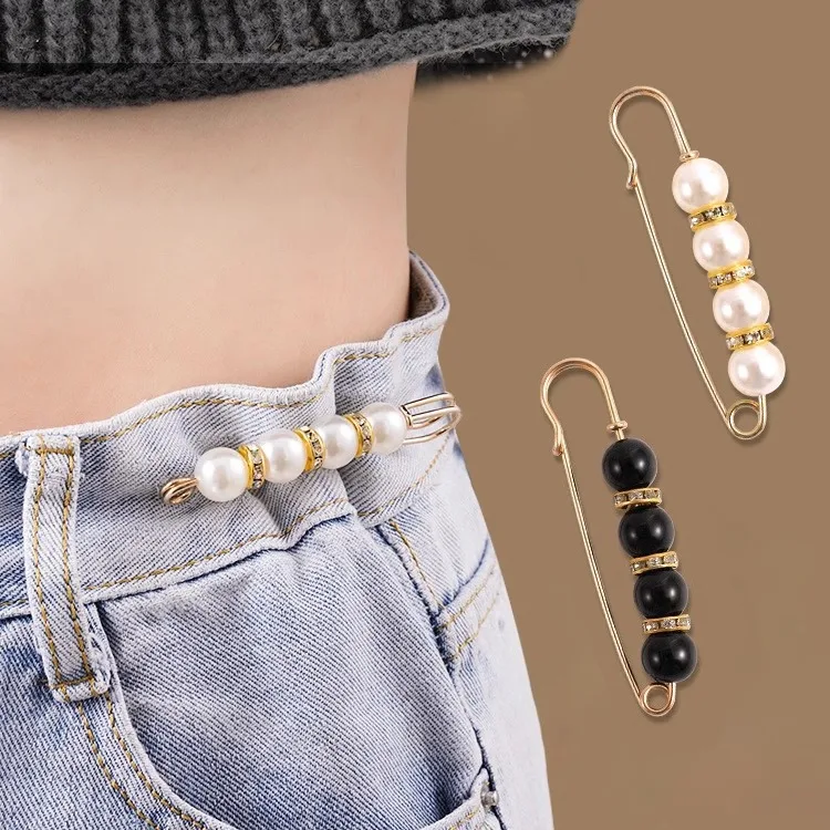Women Faux Pearl Rhinestone Brooch Waist Adjust Pin Heavy Duty Safety Pin Sweater Clip Decor Clothing Jewelry Accessories Gift