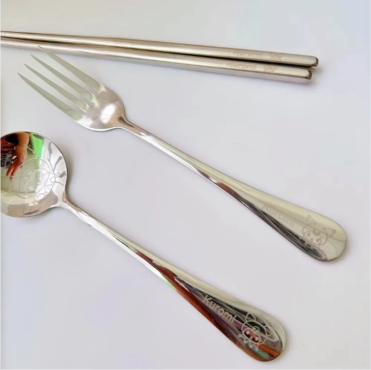 Sanrio Spoon Fork Chopsticks 3 Piece Set Cute Kuromi Pompompurin Hello Kitty Stainless Steel Child Tableware Kitchen Supplies image 5