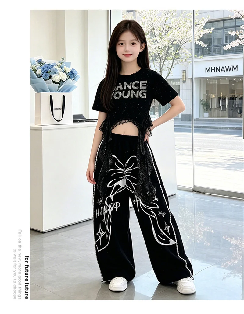 Neuheiten Hip-Hop Kleidung für junge Mädchen, Anzug mit Crop-Top und Hose, modischer Print, 2-teiliges Streetwear-Tanzkostüm für Kinder 8 10 12 Jahre – Detail 6