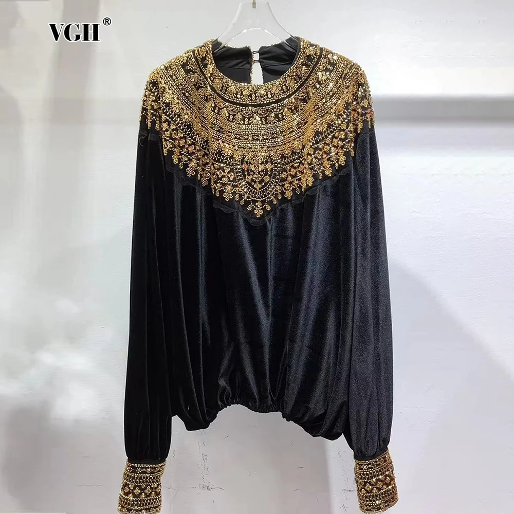 VGH Elegant Palace Style Velvet Blouses for Women O Necl Lantern Sleeve Patchwork Sequin Design Fashion Chic Shirt Female Autumn