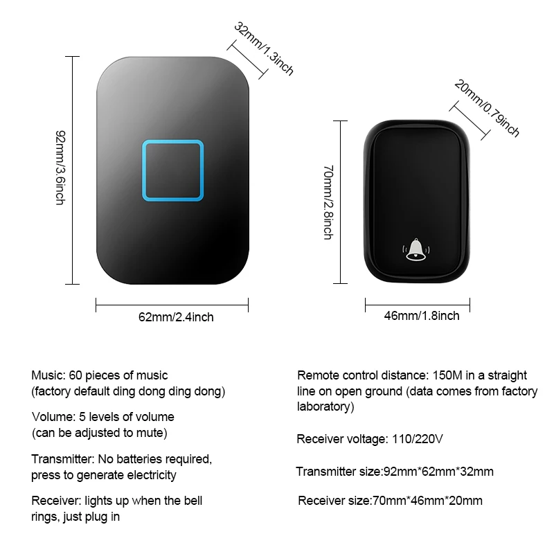 Wireless Doorbell Waterproof Welcome Chime Home Door Bell Self-Powered 150M Wireless Distance 60 Songs Smart Doorbell US EU Plug