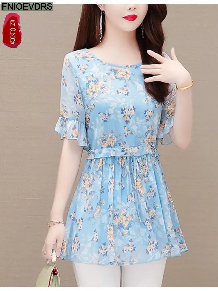 2022 Women Flower Floral Printing Long Tunic Drawstring Lace-Up Chiffon Shirt Blouses Bow Tie Retro Vintage Loose Peplum Tops