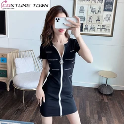 Spring/Summer 2024 V-Neck Zipper Skirt Letter Print Sexy Night Shop Dress Women's Deep V Low Cut Fashion Dress