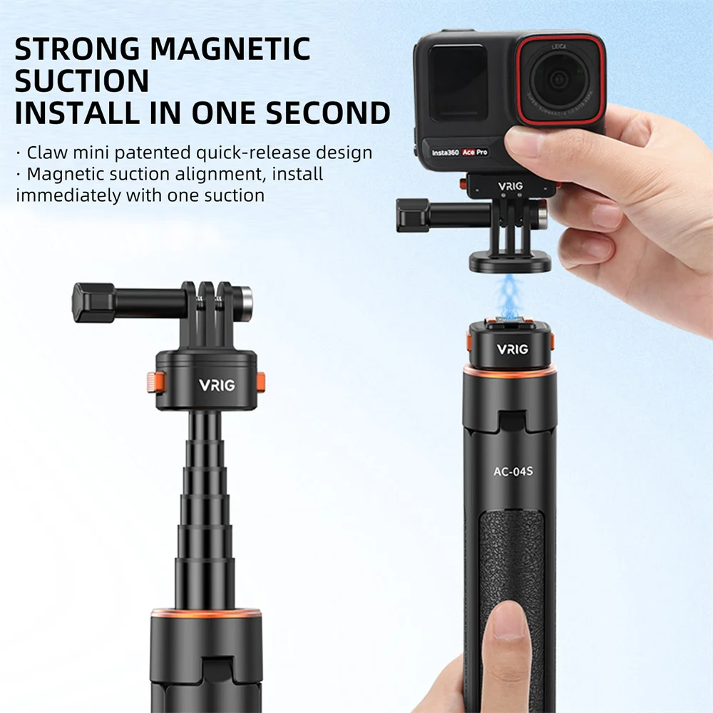 VRIG 63inch Magnetic Selfie Stick Tripod Magnet Quick Release Extended Tripod for GoPro 12 DJI OSMO Action 4/5 Insta 360X Camera