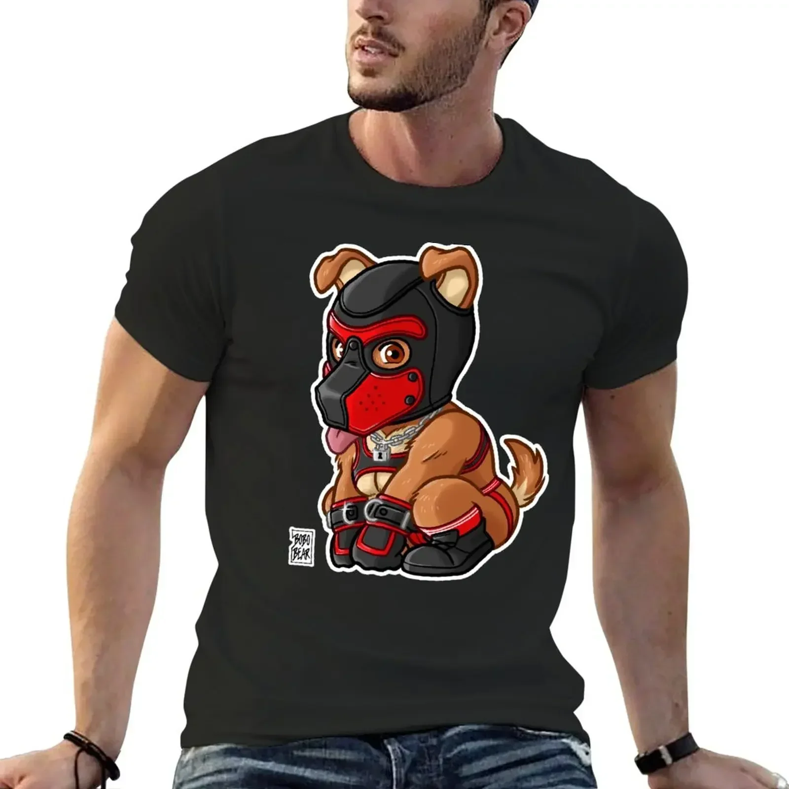 

Футболка мужская с забавным игривым щенком-Красной маской-серия BEARZOO, быстросохнущие тяжелые футболки для мужчин