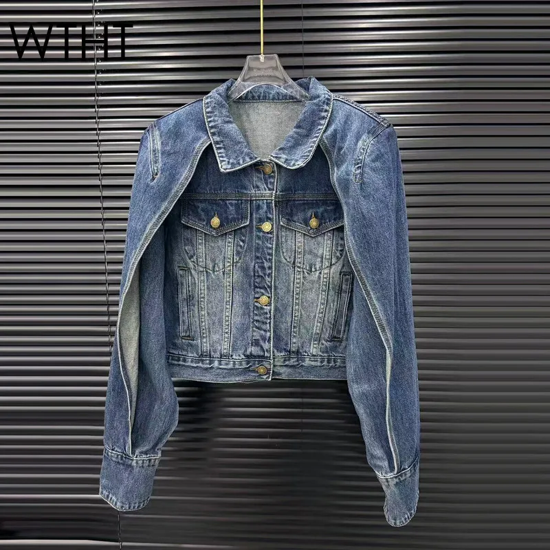 

WTHT новая модная женская короткая джинсовая куртка с шалью, осень 2021, модное пальто с длинными рукавами и лацканами, женское 1LS2519