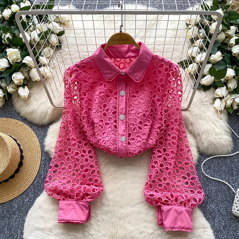 Palace Style  Hollowed Out Hook Flower Lace Blouse Top for Women Autumn Elegant Versatile French Single Breasted Shirt Trend W82