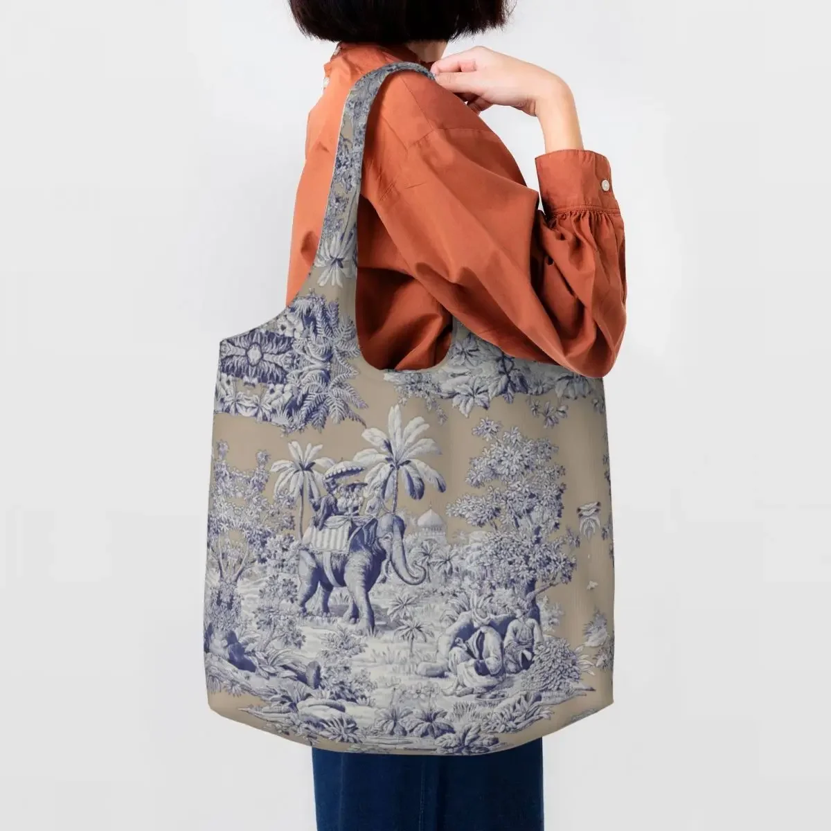 

Navy Blue Toile De Jouy French Motif Pattern Groceries Shopping Tote Bags Women Canvas Shoulder Shopper Bag Capacity Handbags