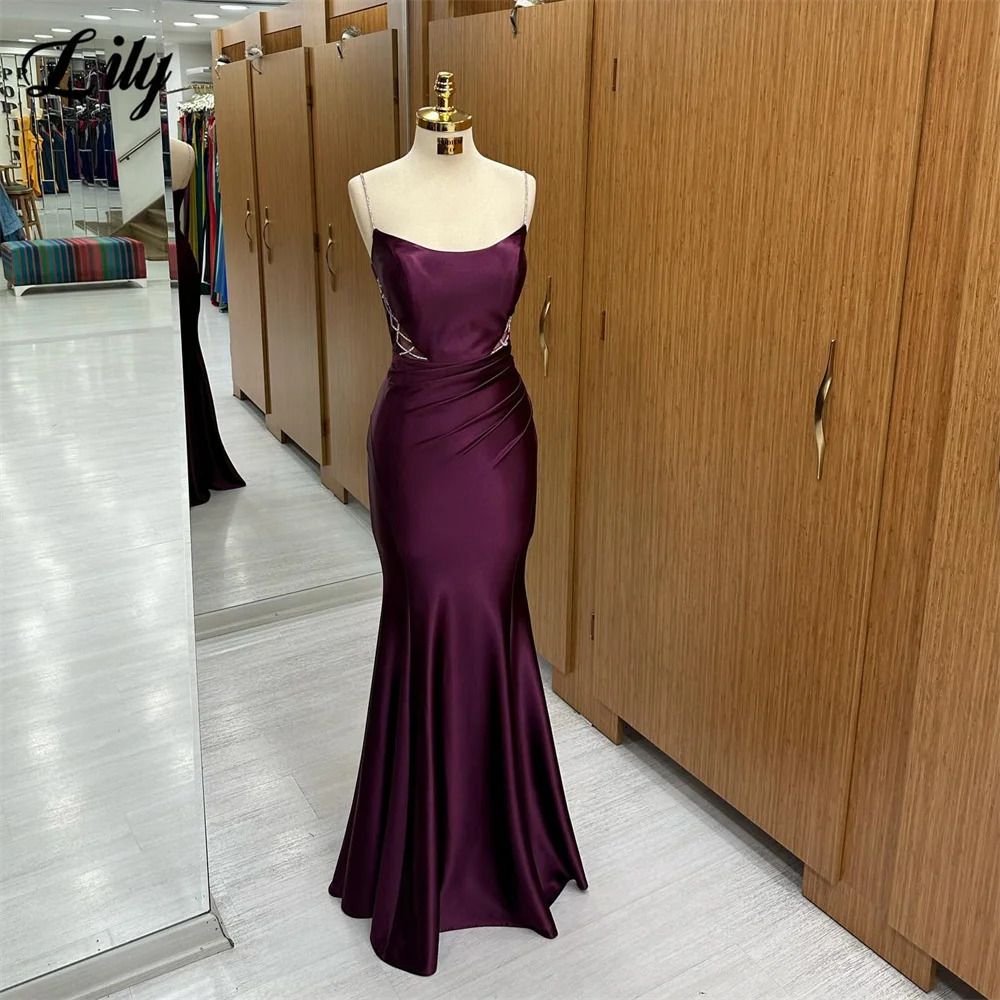 Lily Purple Evening Dress Scoop Neck Lace-Up Mermaid Long Party Dress With Beading Robe De Soirée Spaghetti Straps Prom Dress