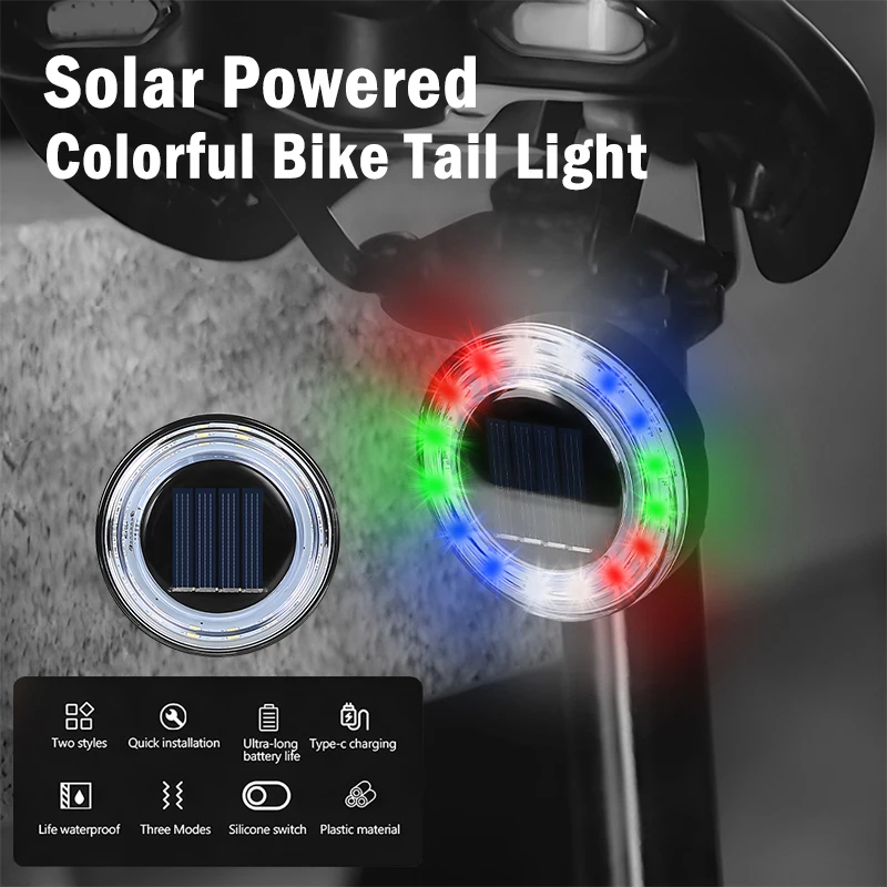 Solar LED Bicycle Rear Light Waterproof Colorful Cycling Taillight 3 Gears Night Safety Flashing Light Riding Safety Accessories