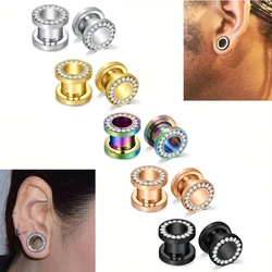 1Pair Stainless Steel Ear Plugs, Rhinestone Ear Expander, Ear Tunnels Plug Screw Body Piercing Jewelry For Women Men 4-16mm