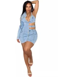 Women Sexy Backless Dress One Shoulder Summer Casual Streetwear Bodycon Comfy Classic Sling Female Split Vestidos Denim Dress