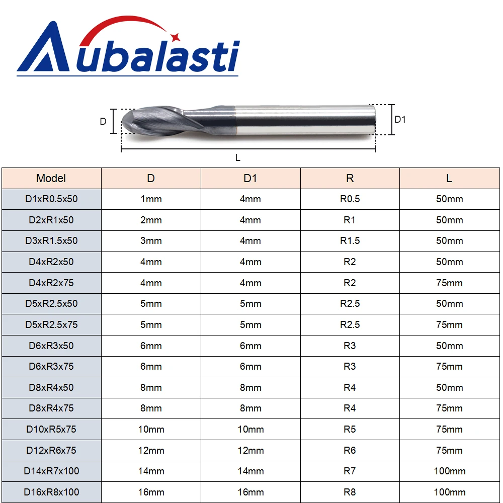 Aubalasti HRC45 2 Flutes Ball Nose End Mill Milling Cutter CNC Router Bits Tools CNC Milling Cutter Bits for Metal Cutting