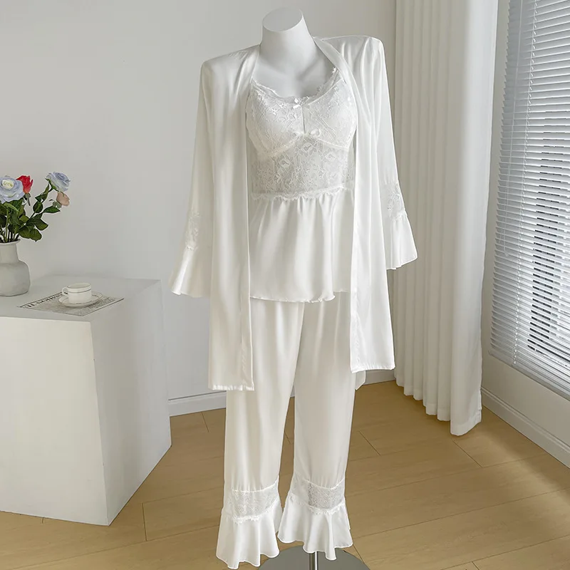 

Summer 3PCS Sleepwear Long Sleeve Pajamas Sleep Set Spring Women Lace Pyjamas Suit Casual Silky Satin Nightsuits Home Clothes
