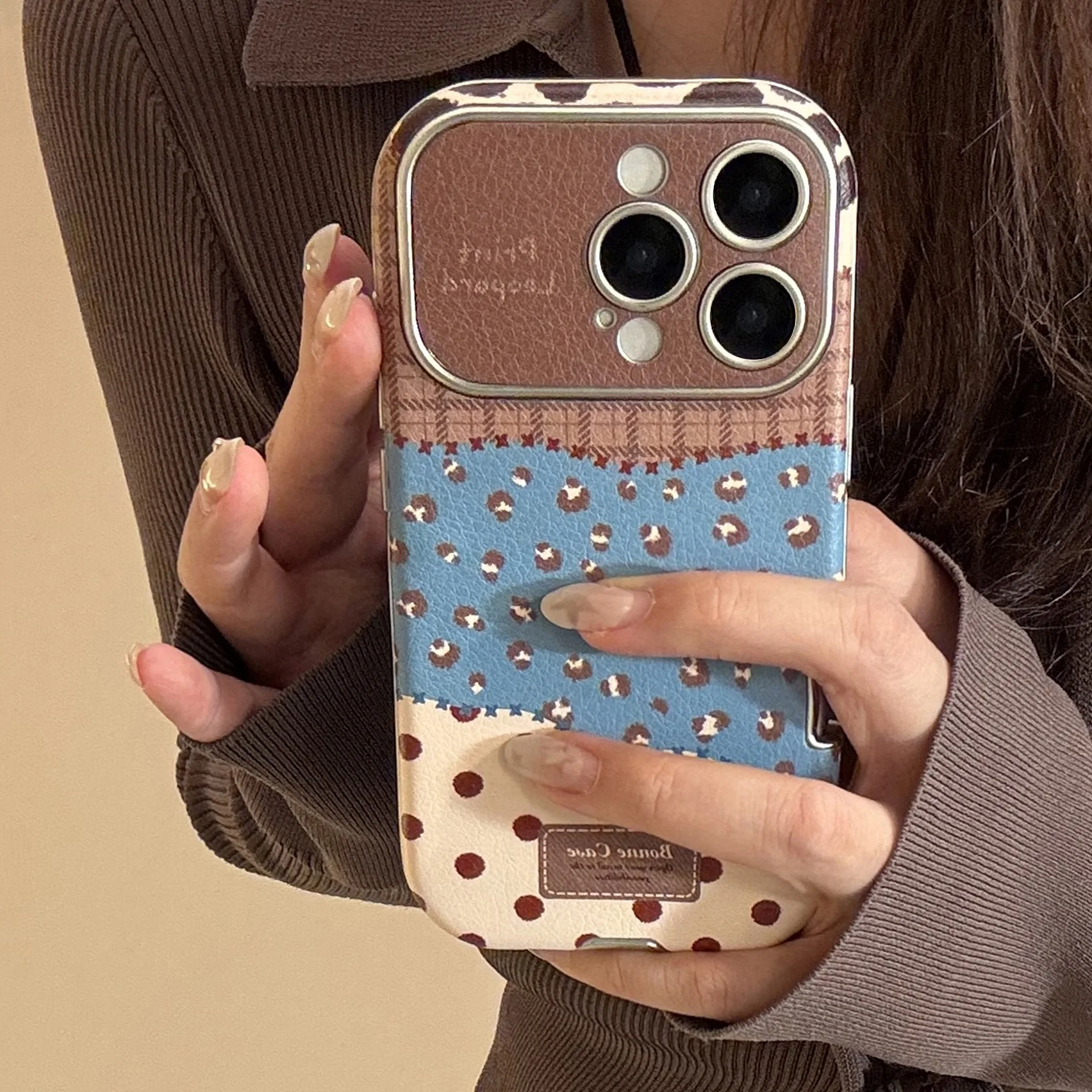 Korean Leopard Print Splicing Faux Leather Phone Case for iPhone 17 16 15 14 13 12 11 Pro Max Plus Shockproof Protective Cover view 5