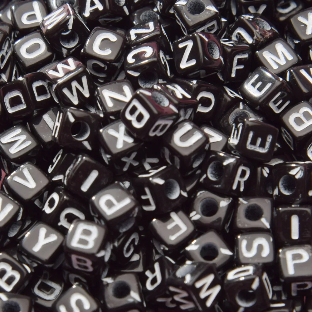 DIY Jewelry Findings Black With White English English Character Big Hole Square Cube Acrylic Beads Fit Bracelets 5*5mm 3000pcs