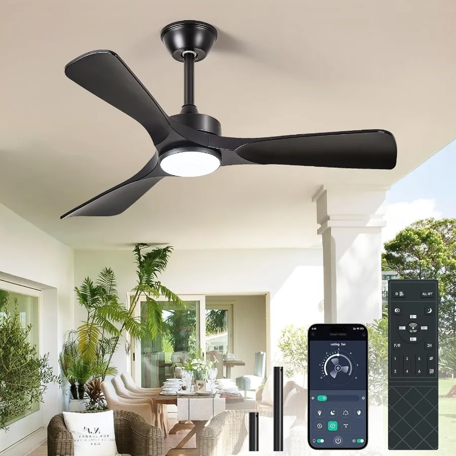 مروحة سقف خارجية منخفضة المستوى مقاس 42 بوصة مع ضوء وتحكم عن بعد في التطبيق للفناء وغرفة المعيشة تصميم حديث 3 شفرات هادئ R