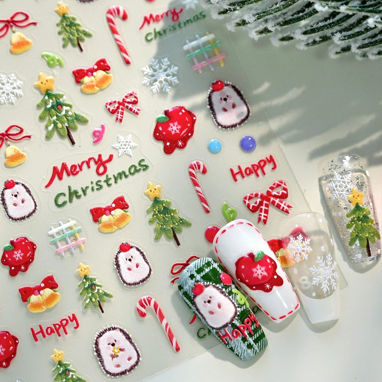 

Hedgehog Apple Bowknot Snowflakes Christmas Pine Tree Bell Crystal Snowman Garland Winter Santa Claus Nail Art Stickers Decals