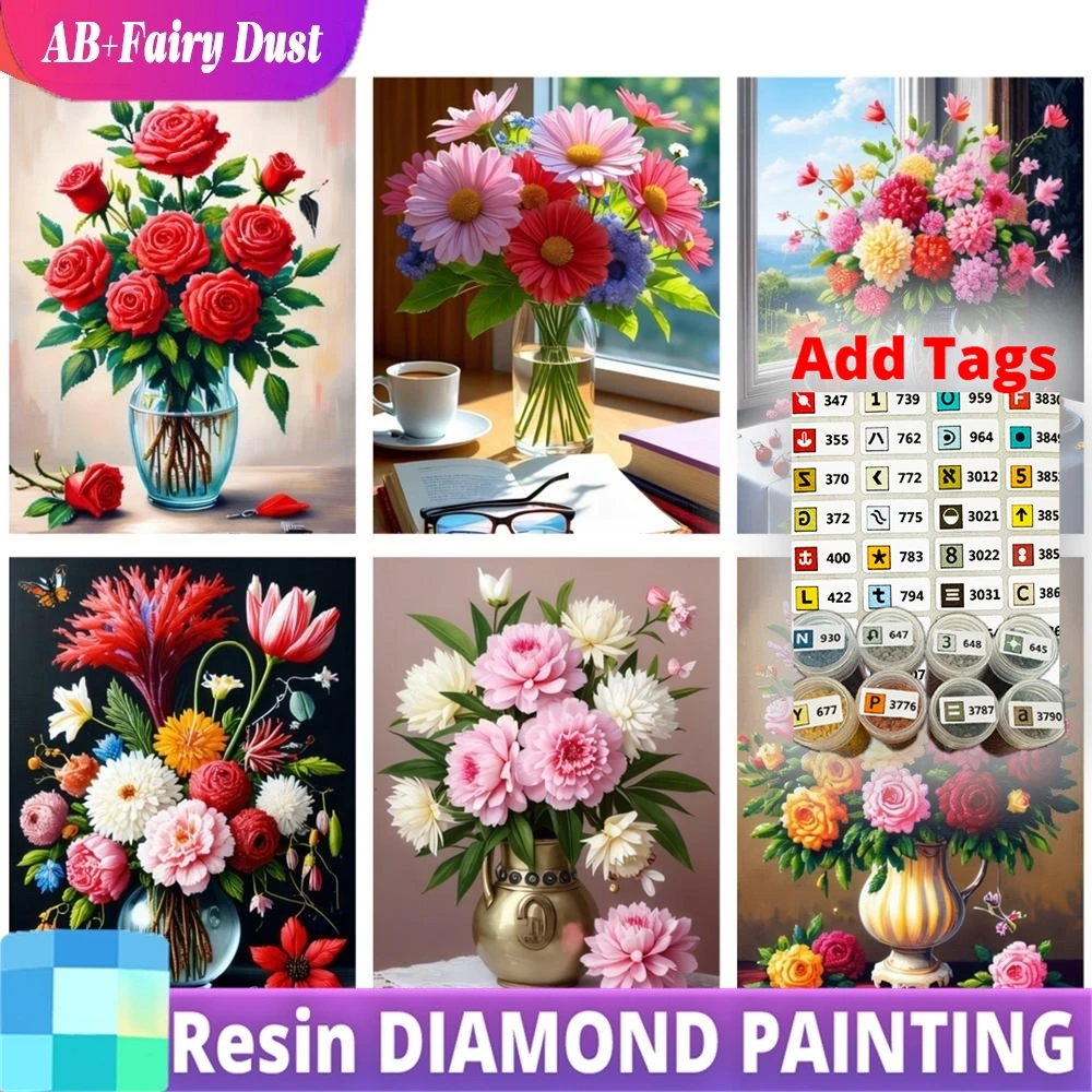 

Resin Fairy Dust AB Full Kits Diamond Painting Elegant Floral Vase Red Rose 5D Embroidery DIY Art Rhinestone Home Decor