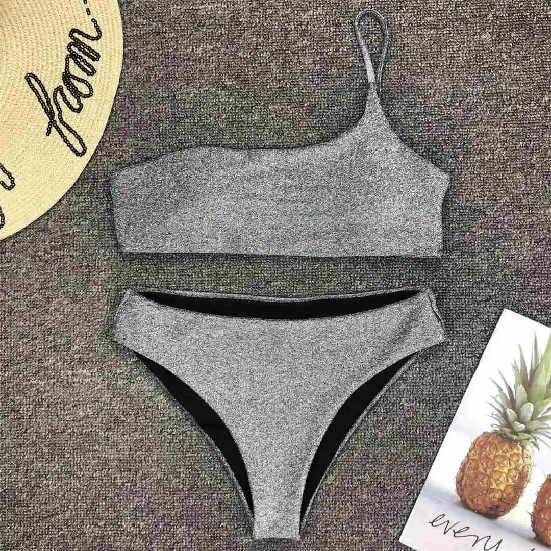 Glitzernder, funkelnder Bikini mit hoher Taille, Damen-Badeanzug, zweiteiliges Bikini-Set, One-Shoulder-Badeanzug V1264 – Detail 18