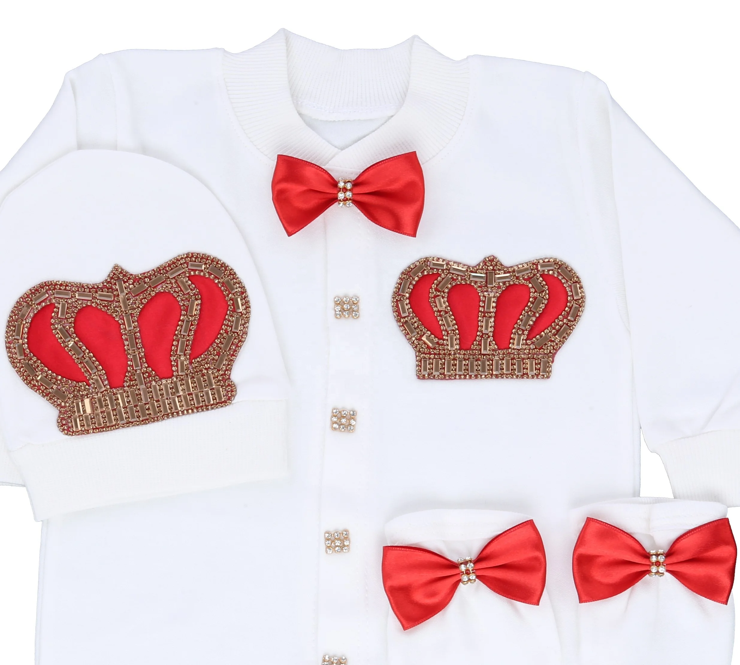 Footed Romper Newborn 0-9 Months 4 Piece Set White Red Gold Crown Bow Prince Royal Boutique Shower Gift With Hat Mitten Shoes