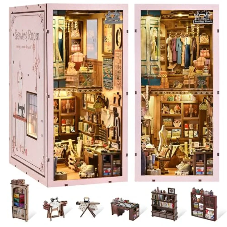 

Book Nook Kit - DIY Miniature Dollhouse for Adults and Teens, Bookshelf Decor 3D Wooden Puzzle with LED Light, Natural Wood Fin