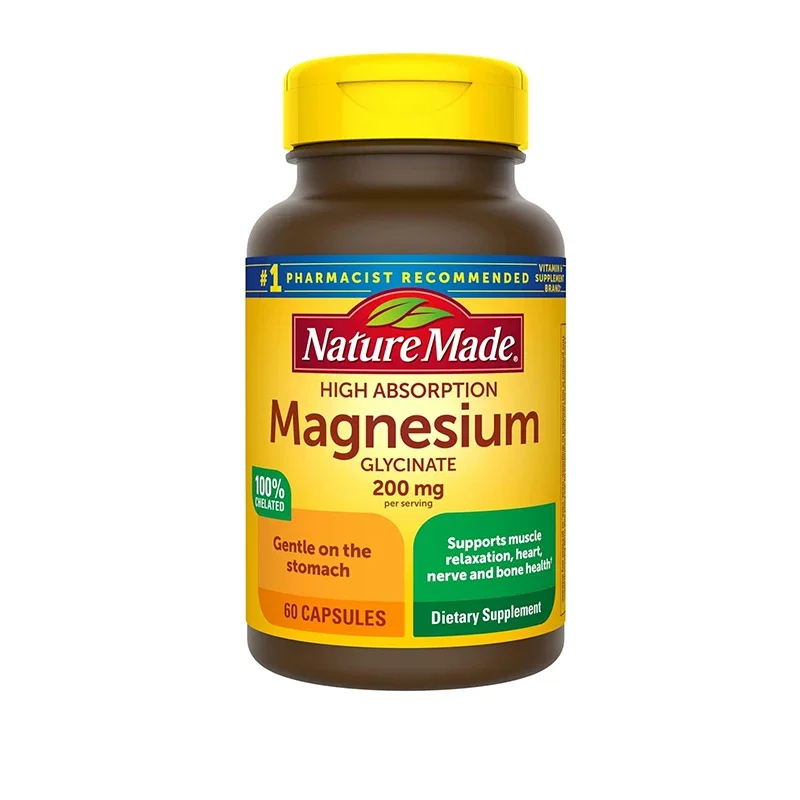 

Nature Made Magnesium Glycine 200 milligrams per serving as a dietary supplement for muscle, nerve, and bone support 60 capsules