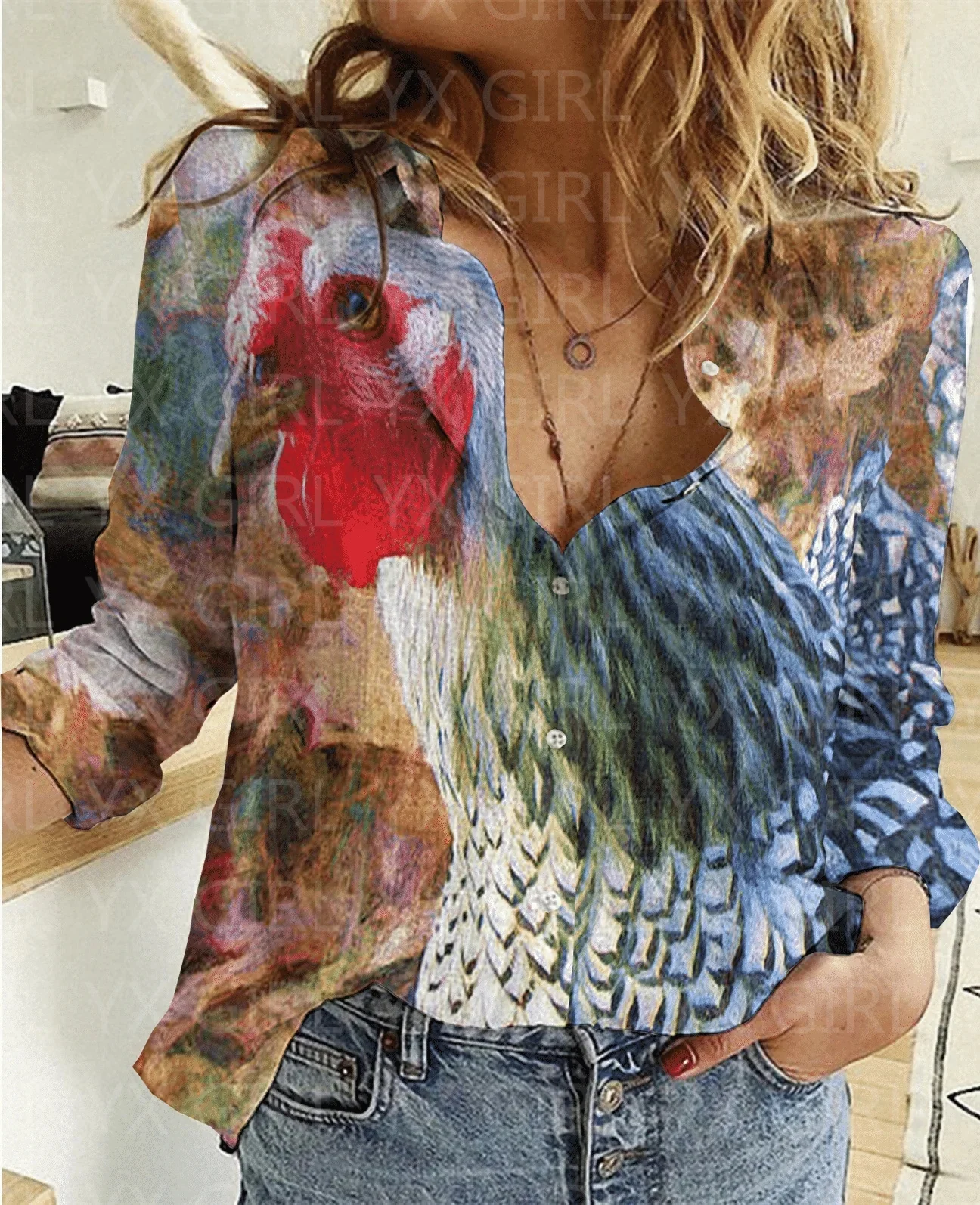 Women's Wyandotte Printed Casual Shirt 3D Printed Button-down Shirt Casual Unique Streewear Halloween Gift