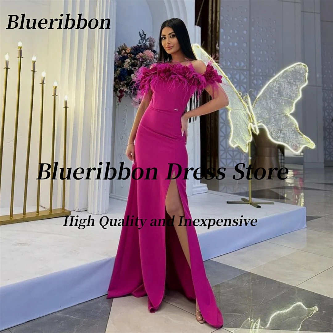 

Blueribbon Prom Dresses Luxury Feathers Flowers Bateau Neck Evening Gowns Side Slit Long Maid of Honor Wedding Party Dress