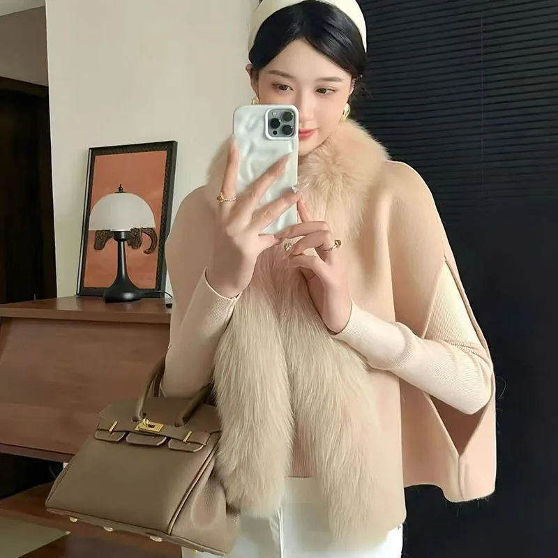 

2025 New Real Fox Fur Trim Wool blended Poncho Women Autumn Luxury High Quality Short Sleeveless Female Coat Ladies Outwear